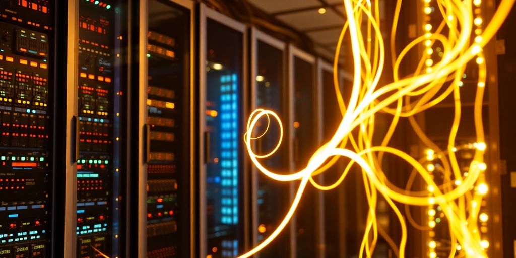 AI circuits glowing within server racks, abstract Python data streams.