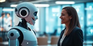 Robot chatting with person, digital marketing concept.