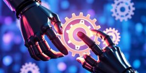 Robot hands working with glowing gears