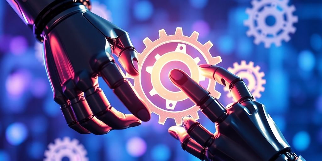 Robot hands working with glowing gears