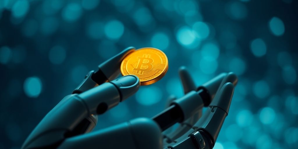 Robot hand holds glowing coin, digital background.