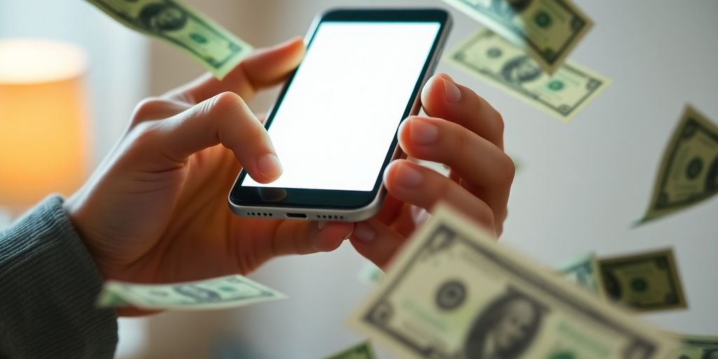 Person holding phone, money floating around.