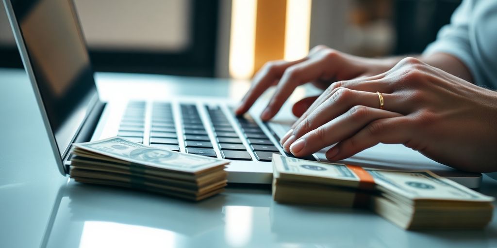 Person using AI on laptop, money next to it.