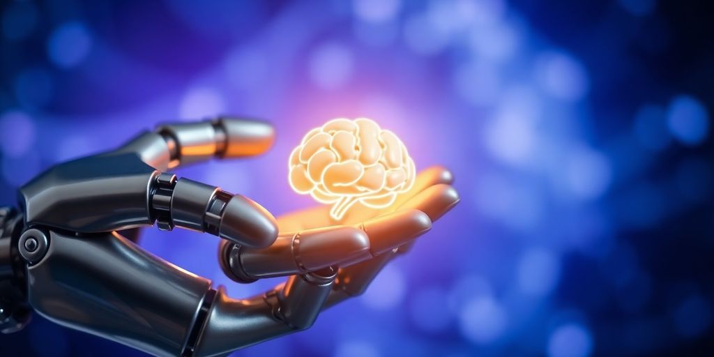 Robot hand holds glowing brain.