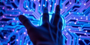 Glowing circuits, human hand reaching, digital light.