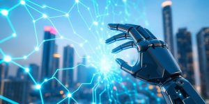 Glowing circuits, robotic hand, futuristic city background.