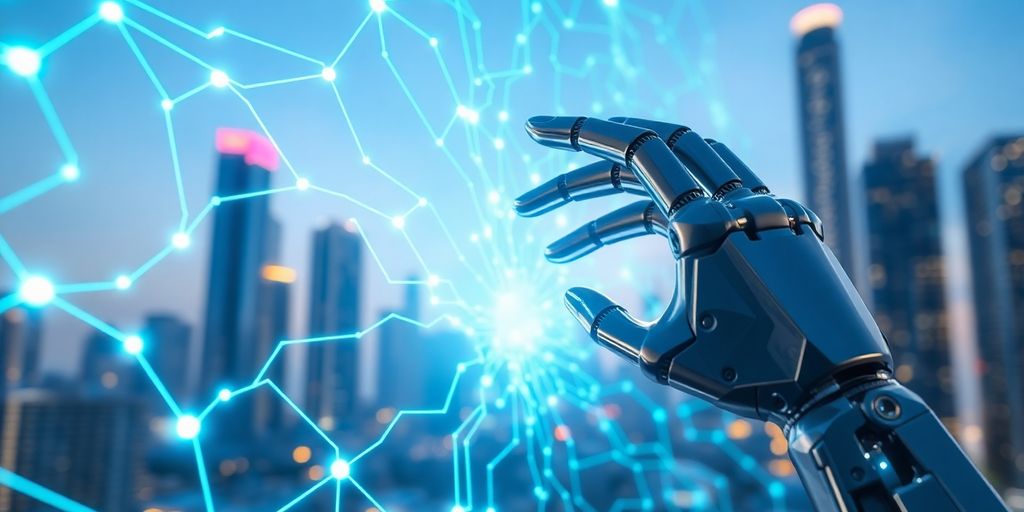 Glowing circuits, robotic hand, futuristic city background.