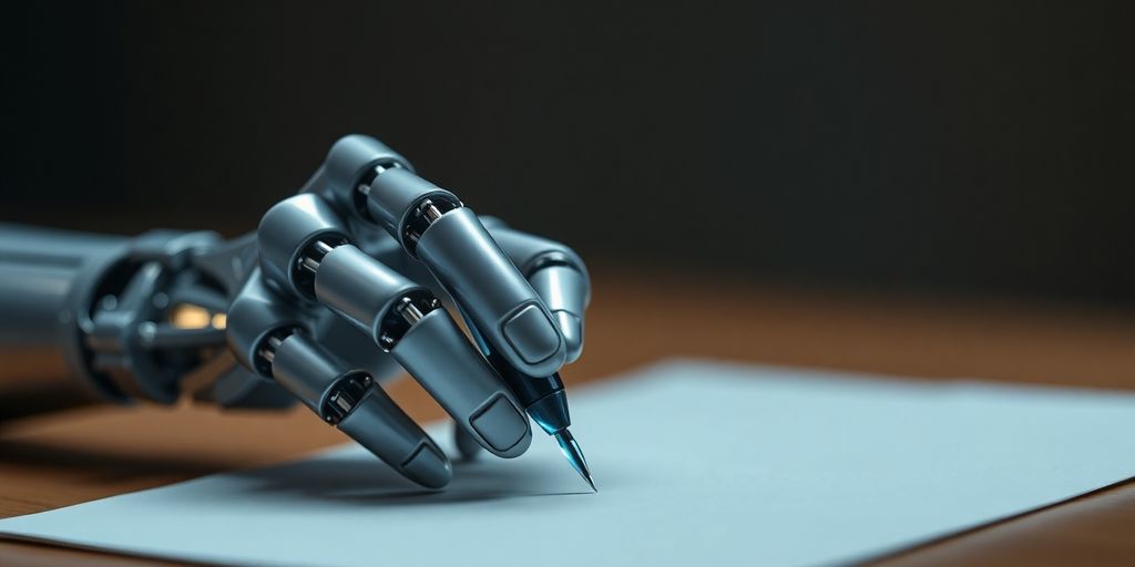 Robot hand holds glowing pen over paper
