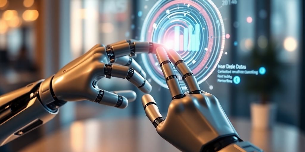 Robot hand pointing at holographic marketing data