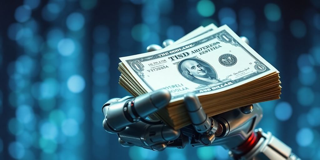 Robot hand holds money, surrounded by glowing data.