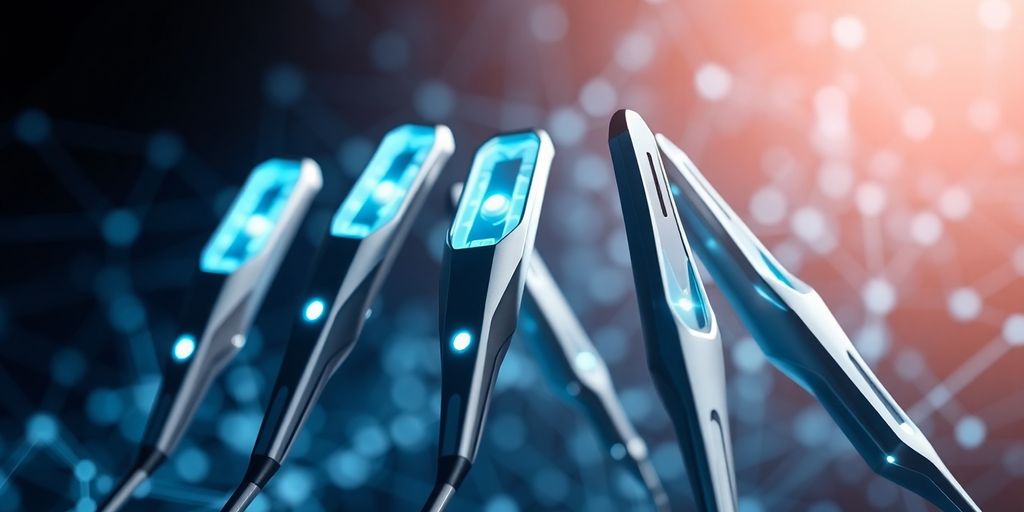 Futuristic AI tools glowing in a vibrant digital landscape.