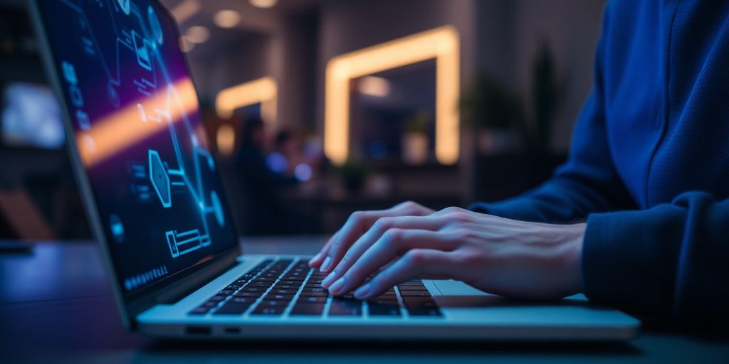 Person typing on a laptop with glowing AI elements