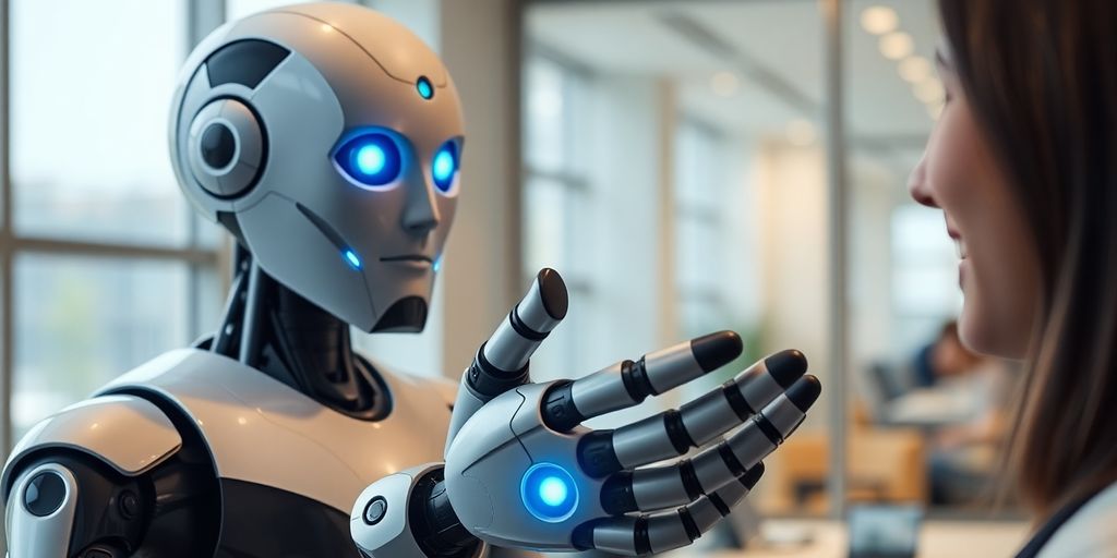Friendly robot assisting business owner.