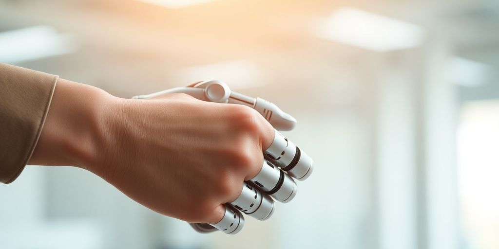 Robot shaking hands with a smiling person.