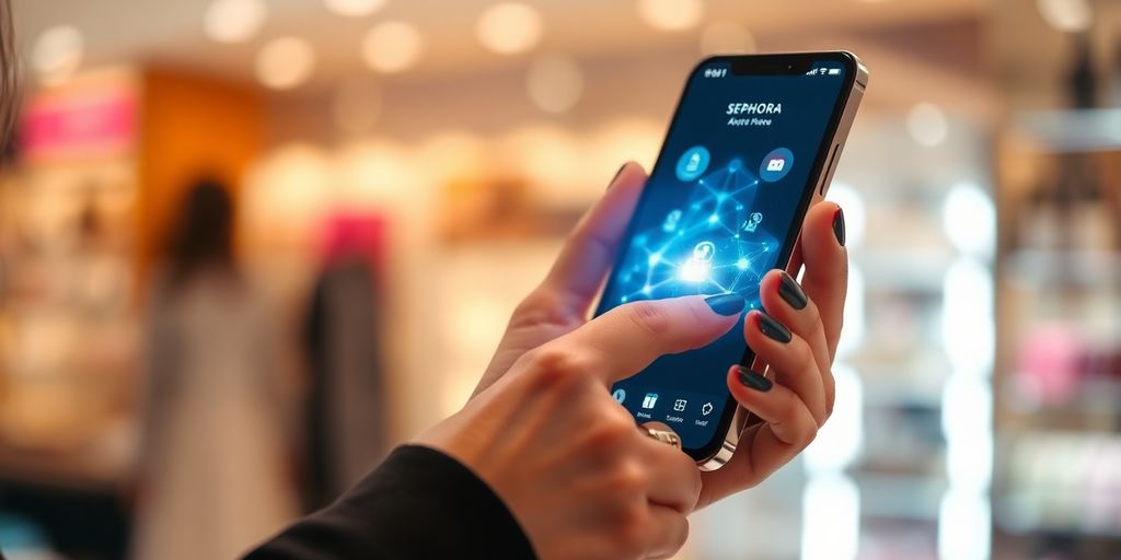 Woman's hand holding phone, Sephora app open.