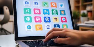 Laptop, diverse tools, creative content.