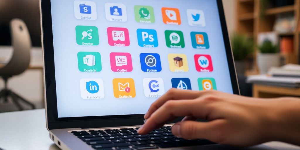 Laptop, diverse tools, creative content.