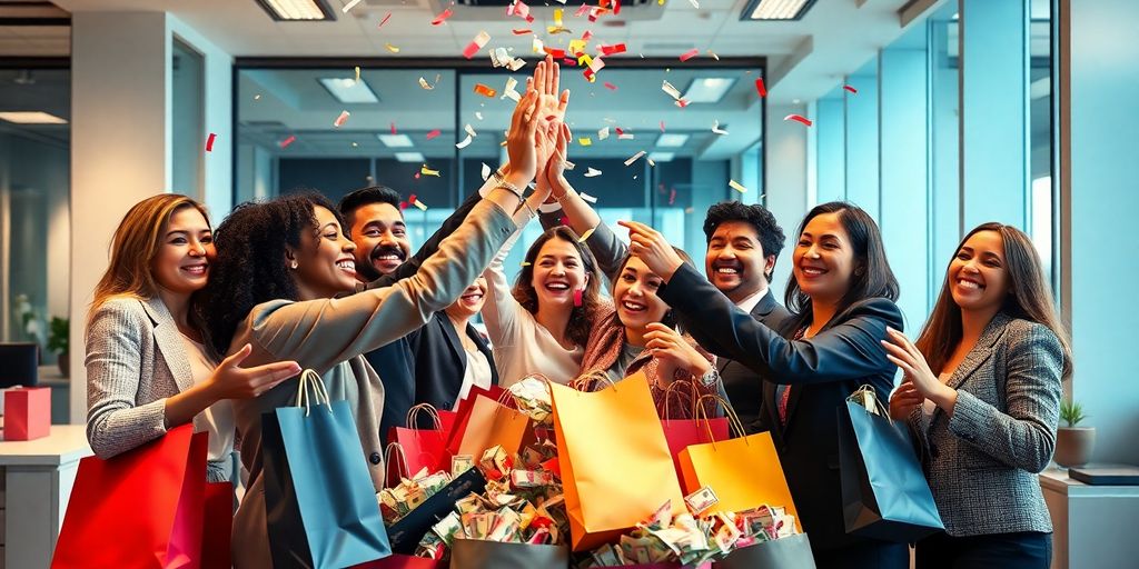 People celebrating sales success with cash.