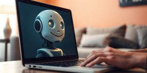 Robot chatting with person on laptop