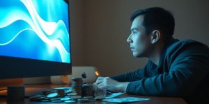 Person, computer, money, futuristic.