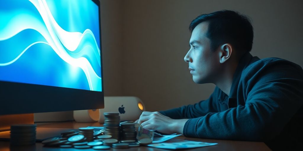 Person, computer, money, futuristic.