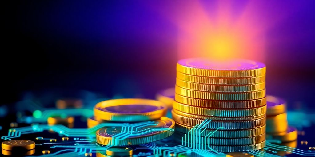 Golden coins, circuit patterns, light beams.