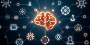 Futuristic AI tools glowing on a dark blue background.