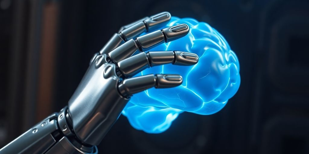 Robotic hand touching glowing brain.