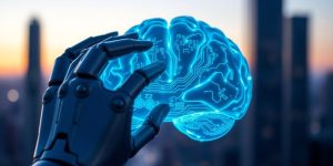 Robotic hands touching glowing brain with circuit patterns.