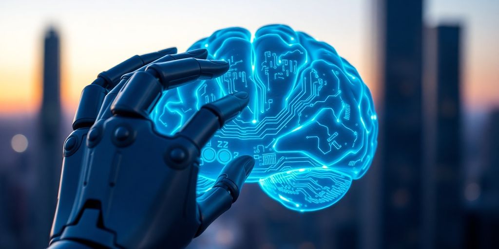 Robotic hands touching glowing brain with circuit patterns.