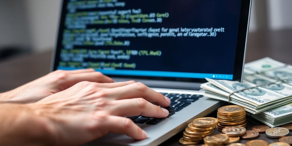 Person coding, surrounded by money.