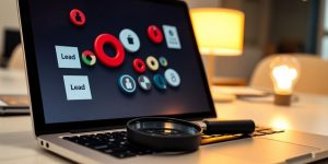 Laptop with lead magnets, magnifying glass, and lightbulb
