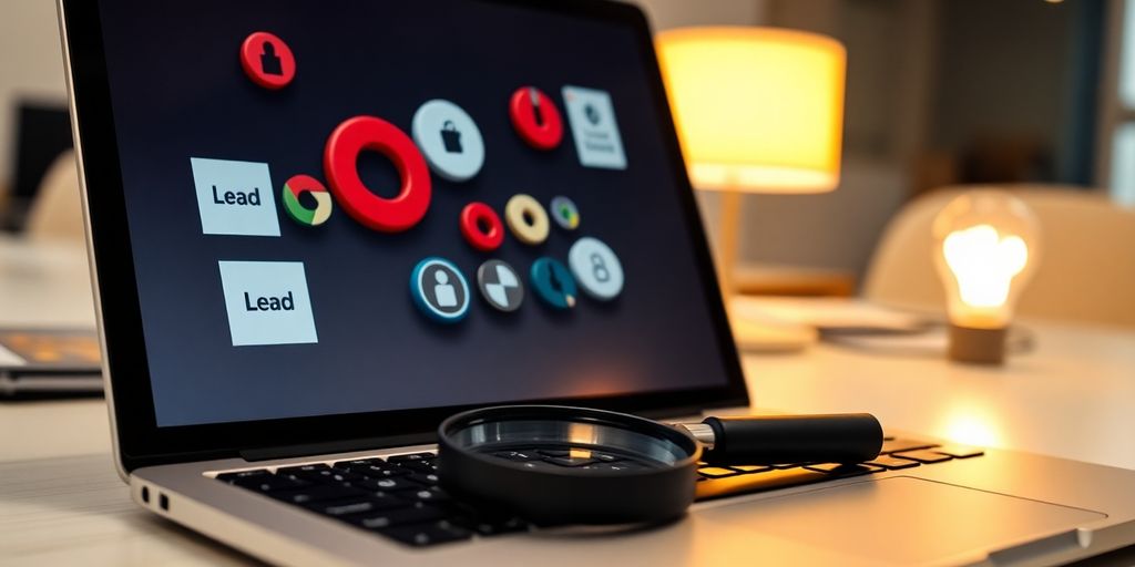 Laptop with lead magnets, magnifying glass, and lightbulb