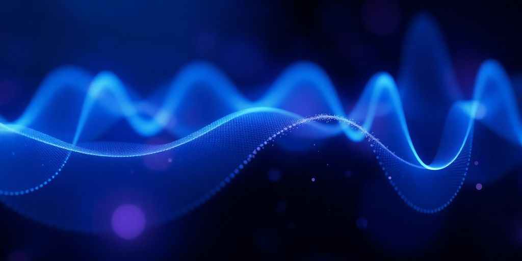 AI voice waves with glowing digital elements.