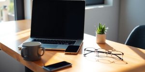 Hands typing on laptop beside coffee mug and potted plant