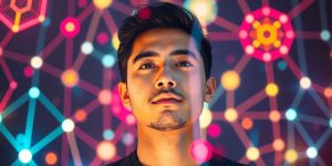 Person learning AI with futuristic visuals.