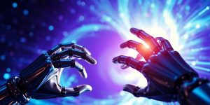 Robotic hands interacting with glowing digital interfaces.