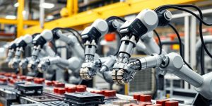 Robots working together automating a factory.
