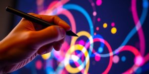 Person crafting a message with glowing ideas.