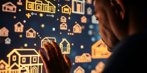 Man looking at digital real estate opportunities on a screen.