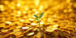 Plant growing from scattered coins, symbolizing business growth.