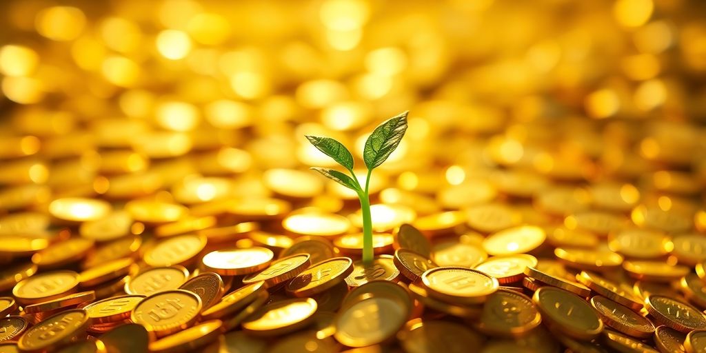 Plant growing from scattered coins, symbolizing business growth.