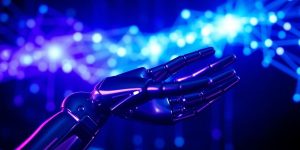 Robotic hand interacting with digital network pathways.