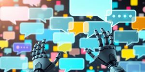Chat bubbles interacting with robotic figures.