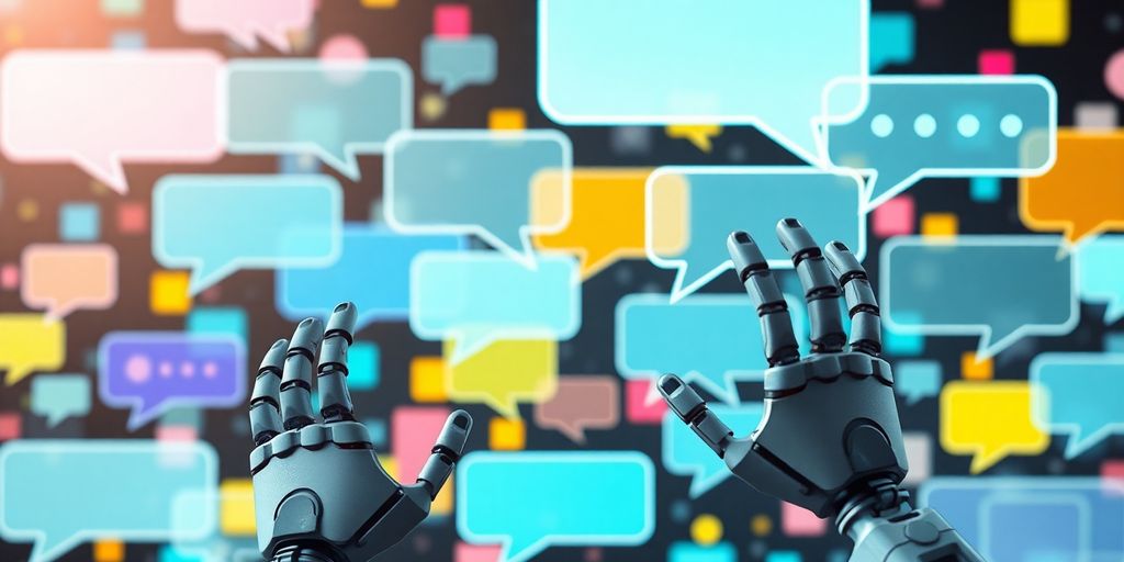 Chat bubbles interacting with robotic figures.